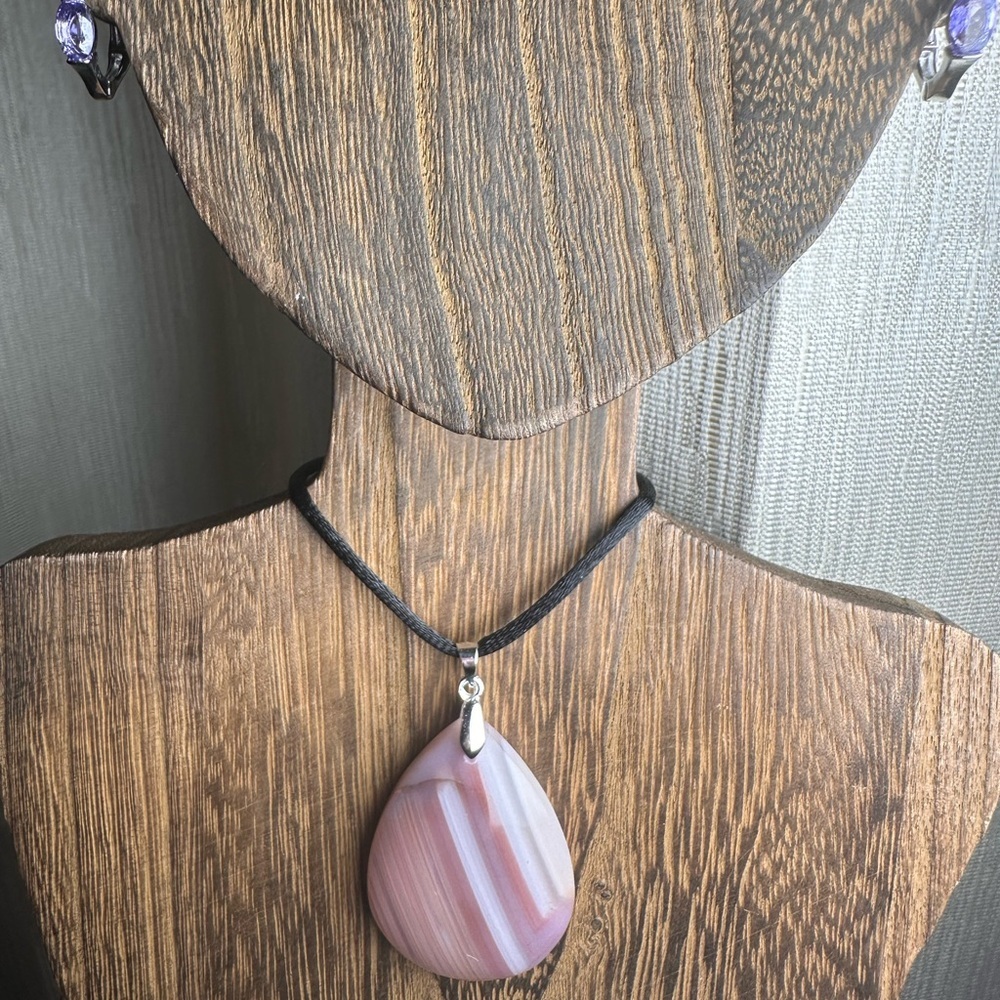 Pink Teardrop Agate Pendant Necklace with Black Cord - Picture 2 of 12